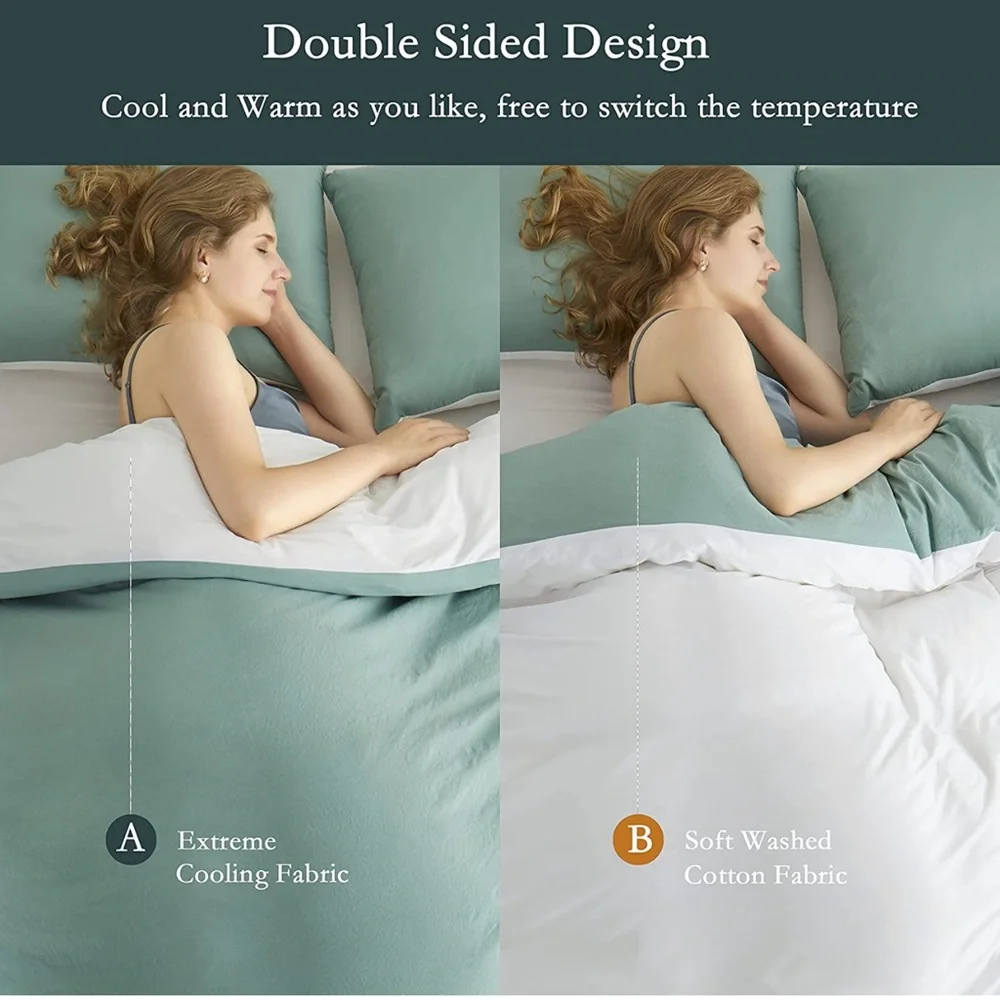 3 Pieces Cooling Duvet Cover Bedding Set, Reversible (Queen,White/Green)